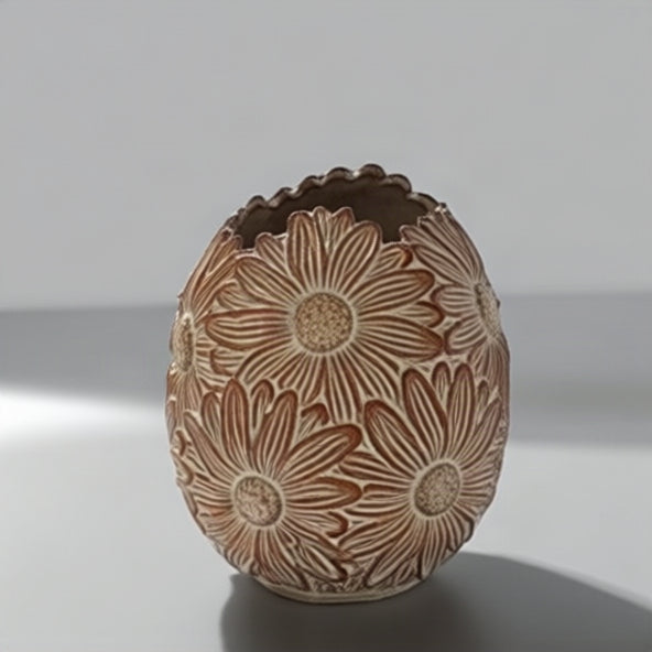 Beige Floral Textured Stoneware Decorative Vase