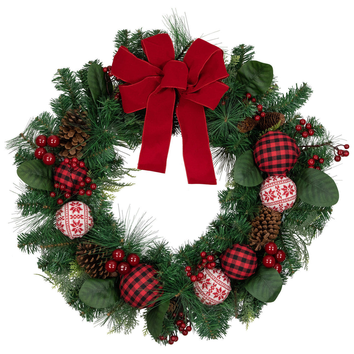 Red Bow Christmas Wreath with Plaid and Snowflake Ornaments 30 Inch Unlit