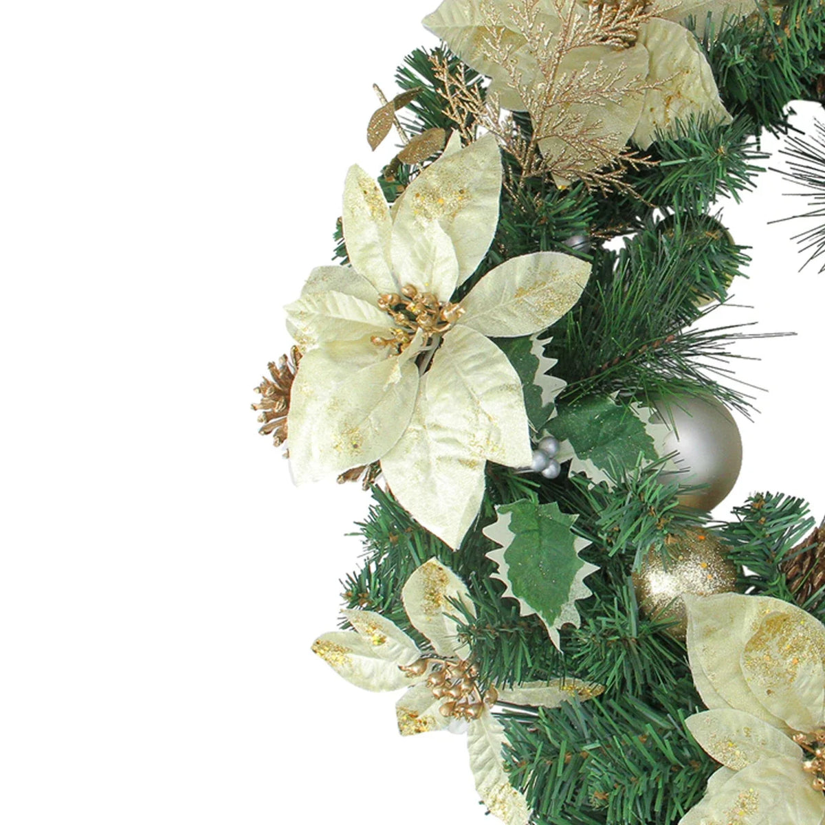 24-Inch Holiday Wreath with Gold Ornaments and Red Poinsettias, Pinecones