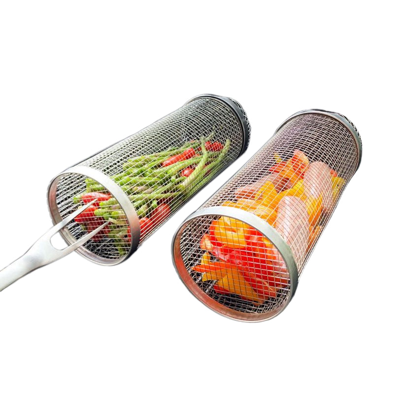 Rotating Stainless Steel Grill Basket with a Movable Door for Vegetables, Meat and Seafood on Charcoal or Gas Grills