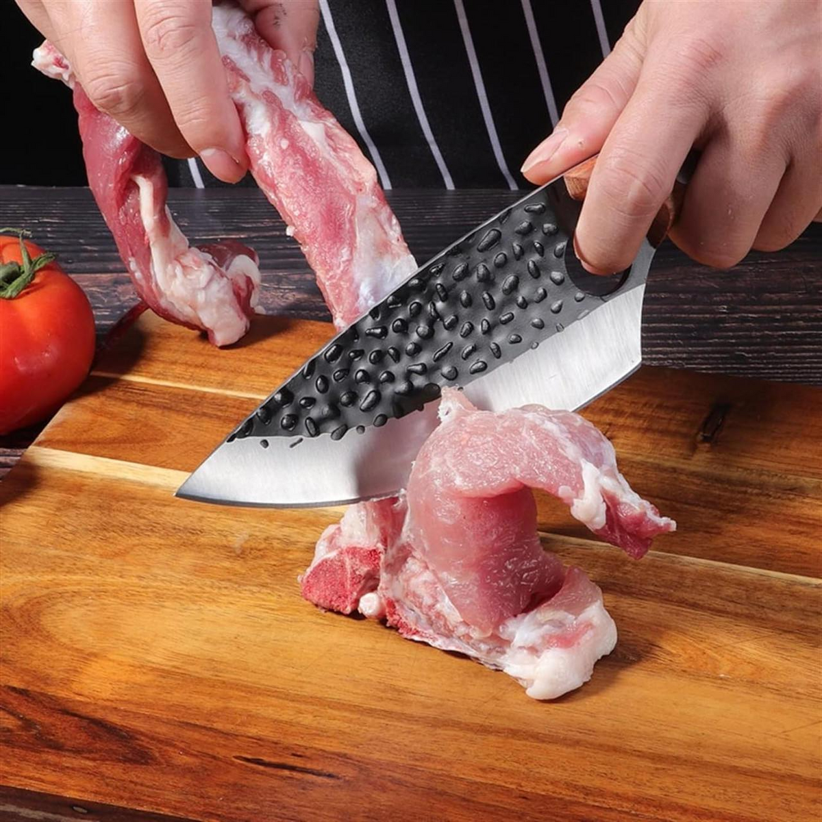 Kitchen Knife with Finger Notch Grip and Metal Alloy Blade, Cherry Wood Handle