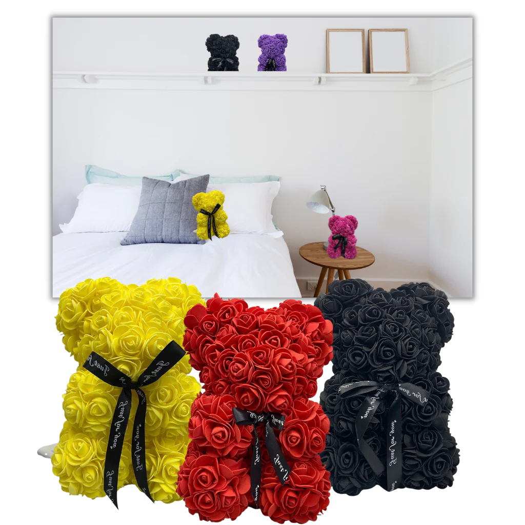 Foam Rose Teddy Bear About 9.8 Inches Tall with a Ribbon in Seven Colors