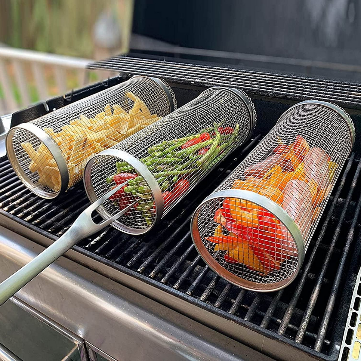 Rotating Stainless Steel Grill Basket with a Movable Door for Vegetables, Meat and Seafood on Charcoal or Gas Grills