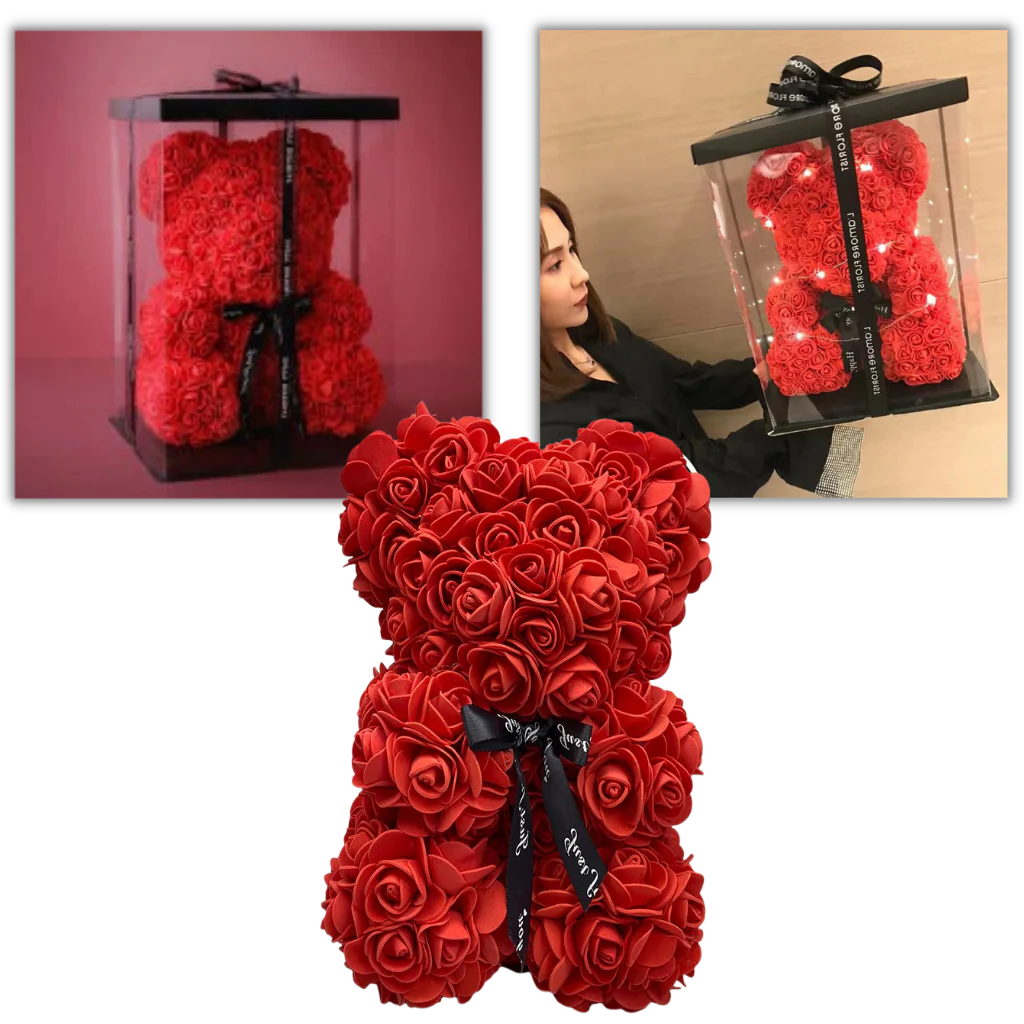 Foam Rose Teddy Bear About 9.8 Inches Tall with a Ribbon in Seven Colors