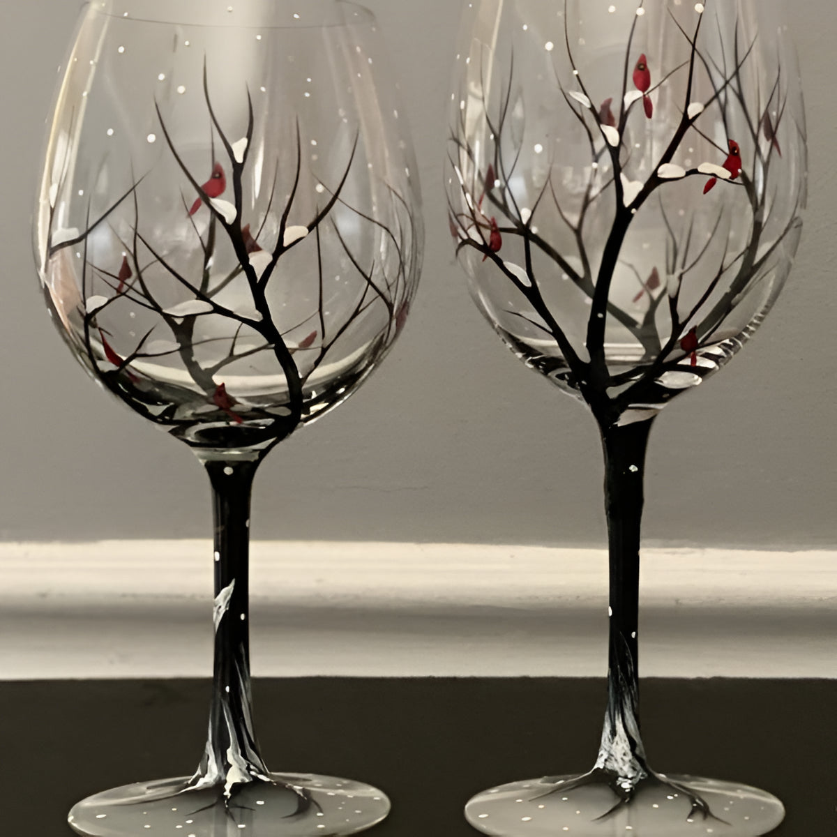 Wine Glasses Hand Painted Four Seasons Tree Design