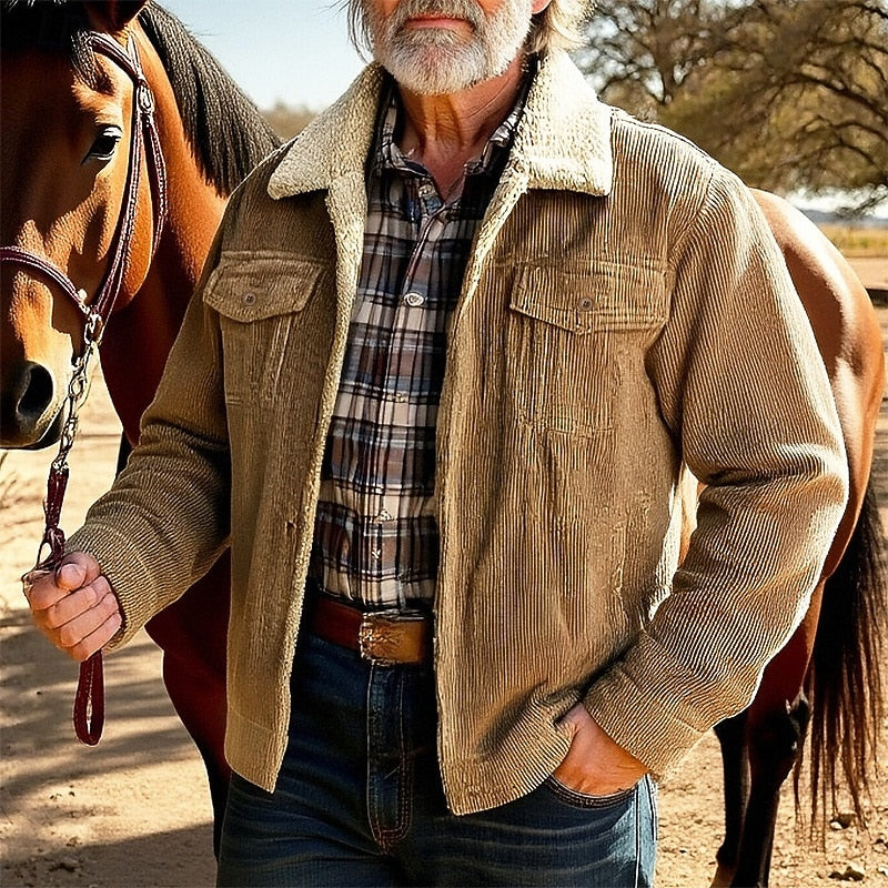 Mens Ranch Style Jacket with Fleece Lined Collar, Ribbed Texture and Chest and Side Pockets in Khaki, Gray or Coffee