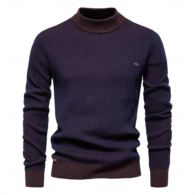 Mens Ribbed Mock Neck Sweater with Vertical Rib Pattern and Tailored Relaxed Fit in Four Colors