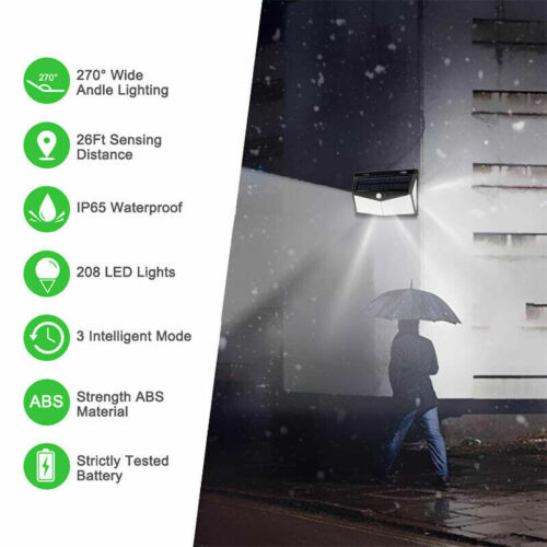 Solar Powered Flood Light with Motion Sensor, 208 LEDs and Three Operating Modes for Walls and Fences