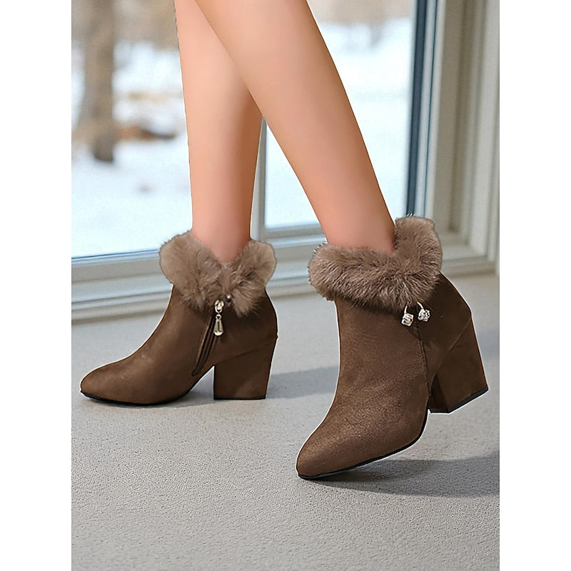 Block Heel Ankle Boots with Plush Trim, Pointed Toe and Side Zip in Brown or Black