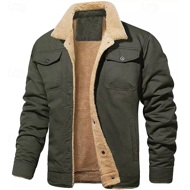Mens Sherpa Lined Trucker Jacket with Fold Down Collar, Chest and Side Pockets and Button Closure in Five Colors