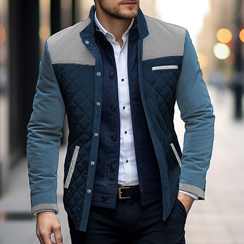 Mens Color Block Quilted Jacket with a Stand Collar, Button Front and Contrasting Shoulder Detail in Brown or Khaki