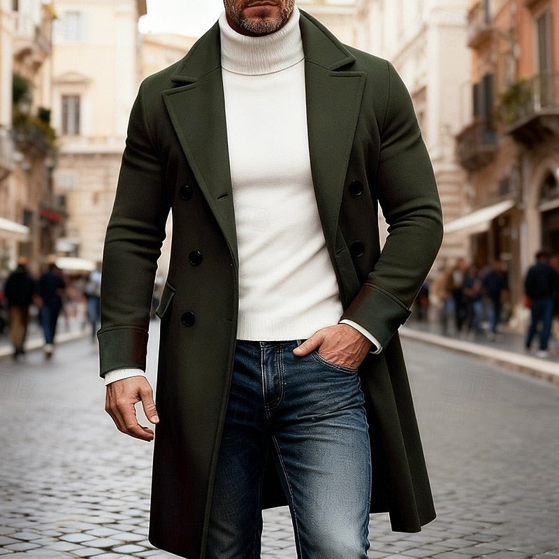 Mens Long Overcoat with Double Breasted Look, Roomy Pockets and Structured Fit in Eight Colors