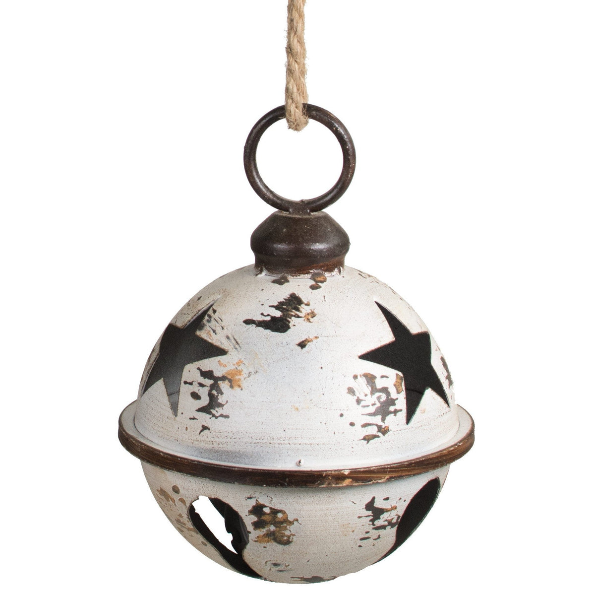 Large White Metal Jingle Bell Holiday Ornament with Star Cutouts and Hanging Jute Rope