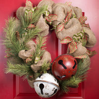 Large White Metal Jingle Bell Holiday Ornament with Star Cutouts and Hanging Jute Rope