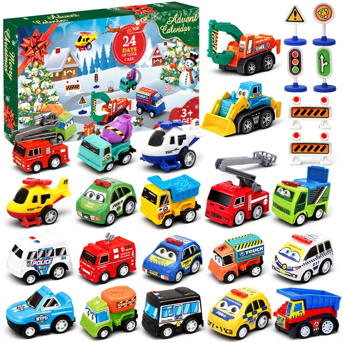 Holiday Window Box With 21 Pull Back Cars, Trucks and Planes and 3 Road Sign Sets for Floor Play