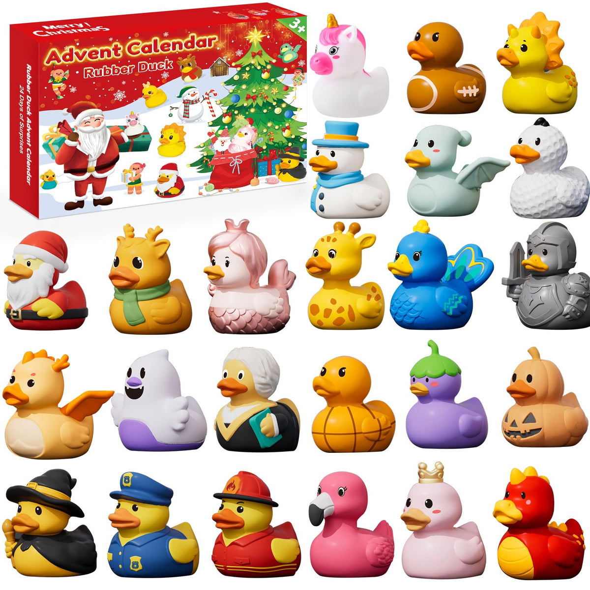Holiday Calendar Box of 24 Costume Rubber Ducks for Ages 3 to 8 with a Numbered Door for Each Day