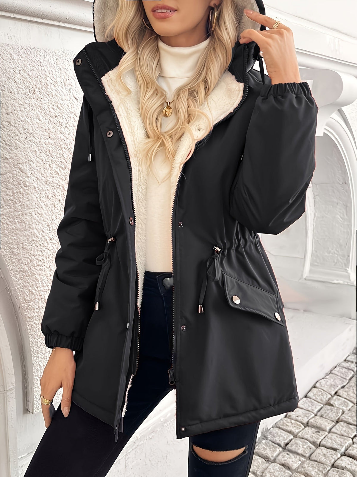 Hooded Zip Jacket with Plush Lining, Snap Closure and Roomy Pockets in Black