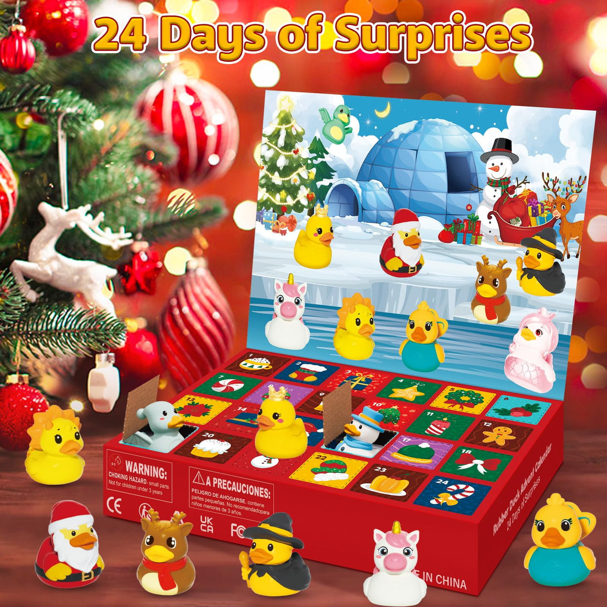 Holiday Calendar Box of 24 Costume Rubber Ducks for Ages 3 to 8 with a Numbered Door for Each Day