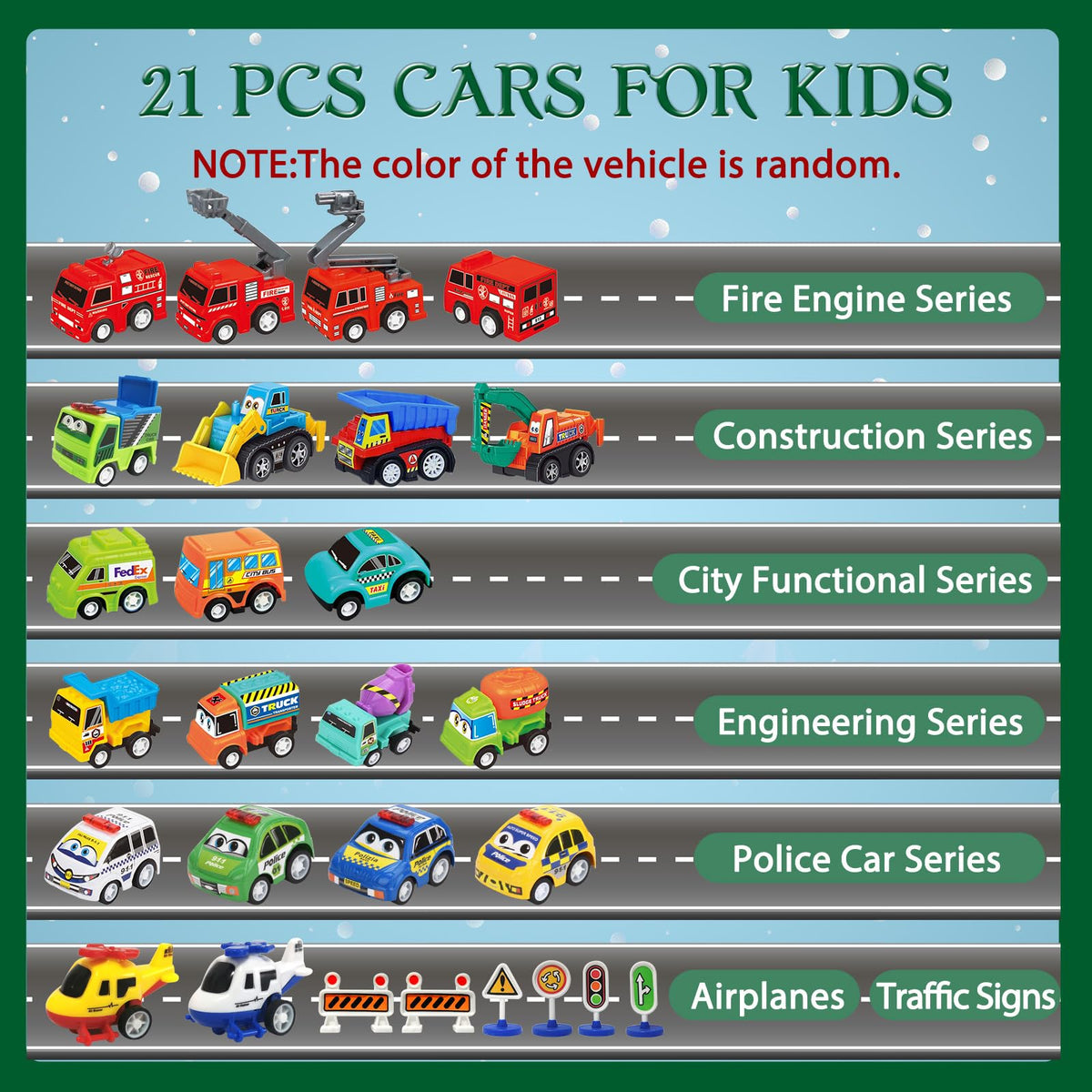 Holiday Window Box With 21 Pull Back Cars, Trucks and Planes and 3 Road Sign Sets for Floor Play