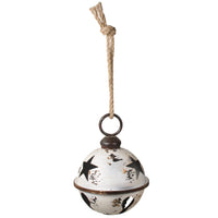 Large White Metal Jingle Bell Holiday Ornament with Star Cutouts and Hanging Jute Rope