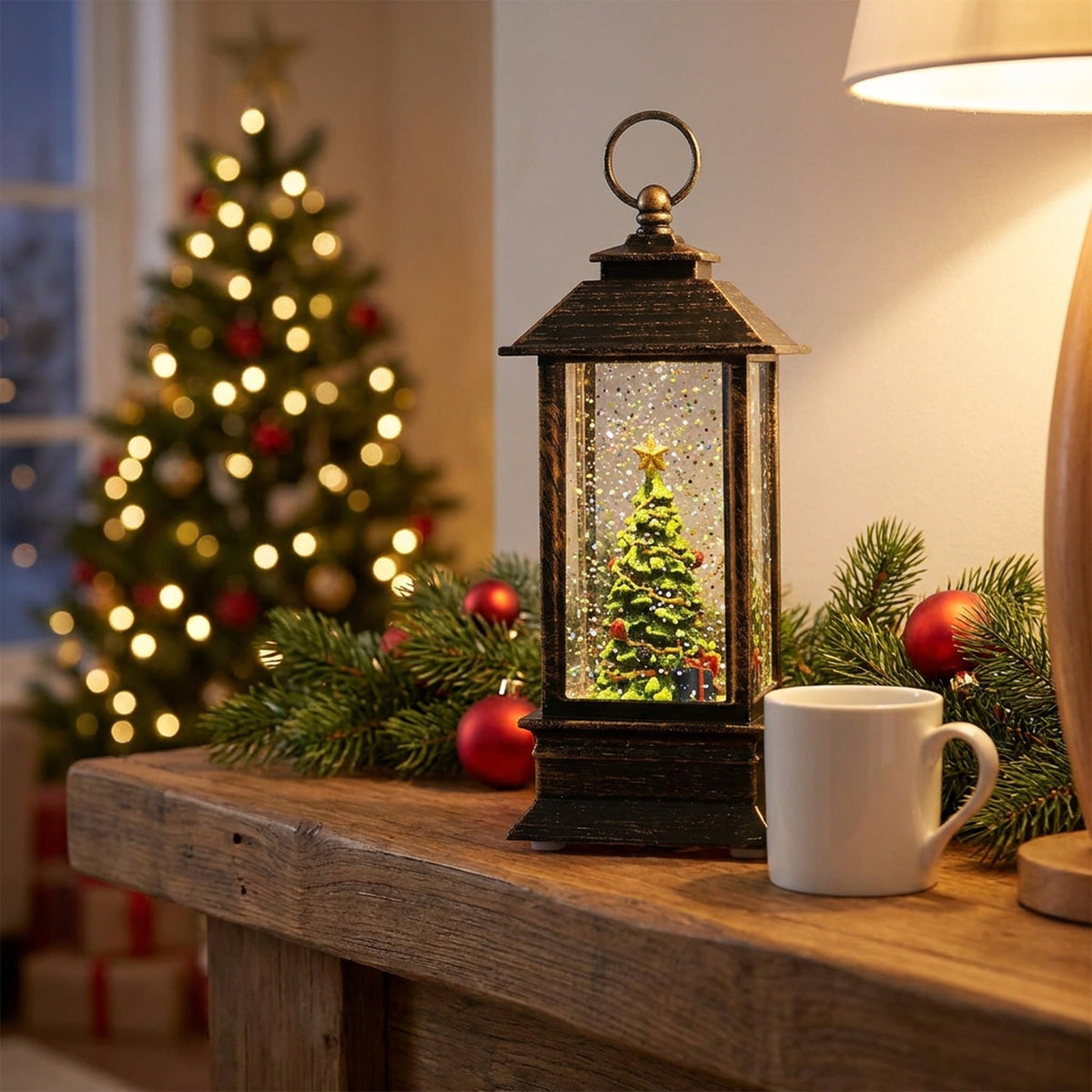 Mini Snow Globe Lantern with Warm LED and Hanging Ring in Christmas Tree Snowman Or Santa Styles