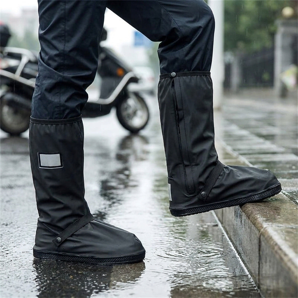 Calf High Rain Boot Covers with Side Zip and Reflective Panel in Four Sizes for Wet Weather