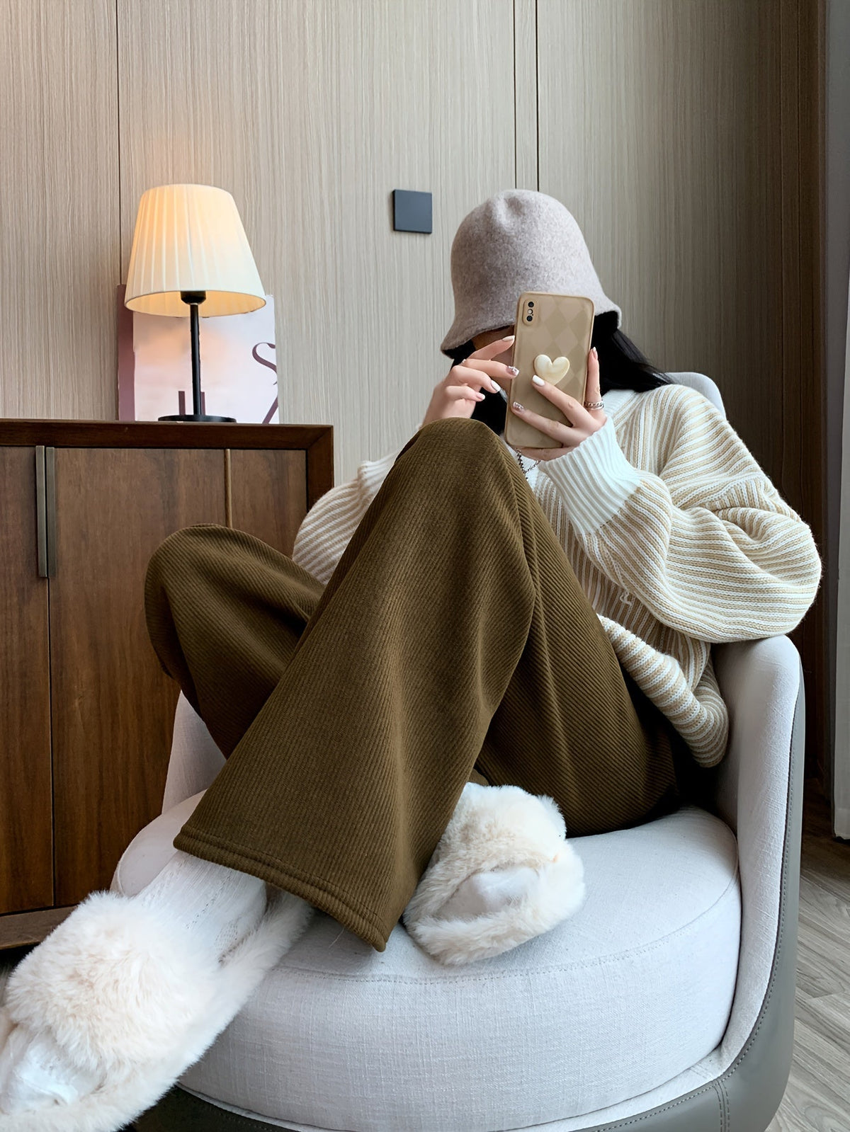 Wide Leg Lounge Pants with Thermal Lining and Elastic Waistband