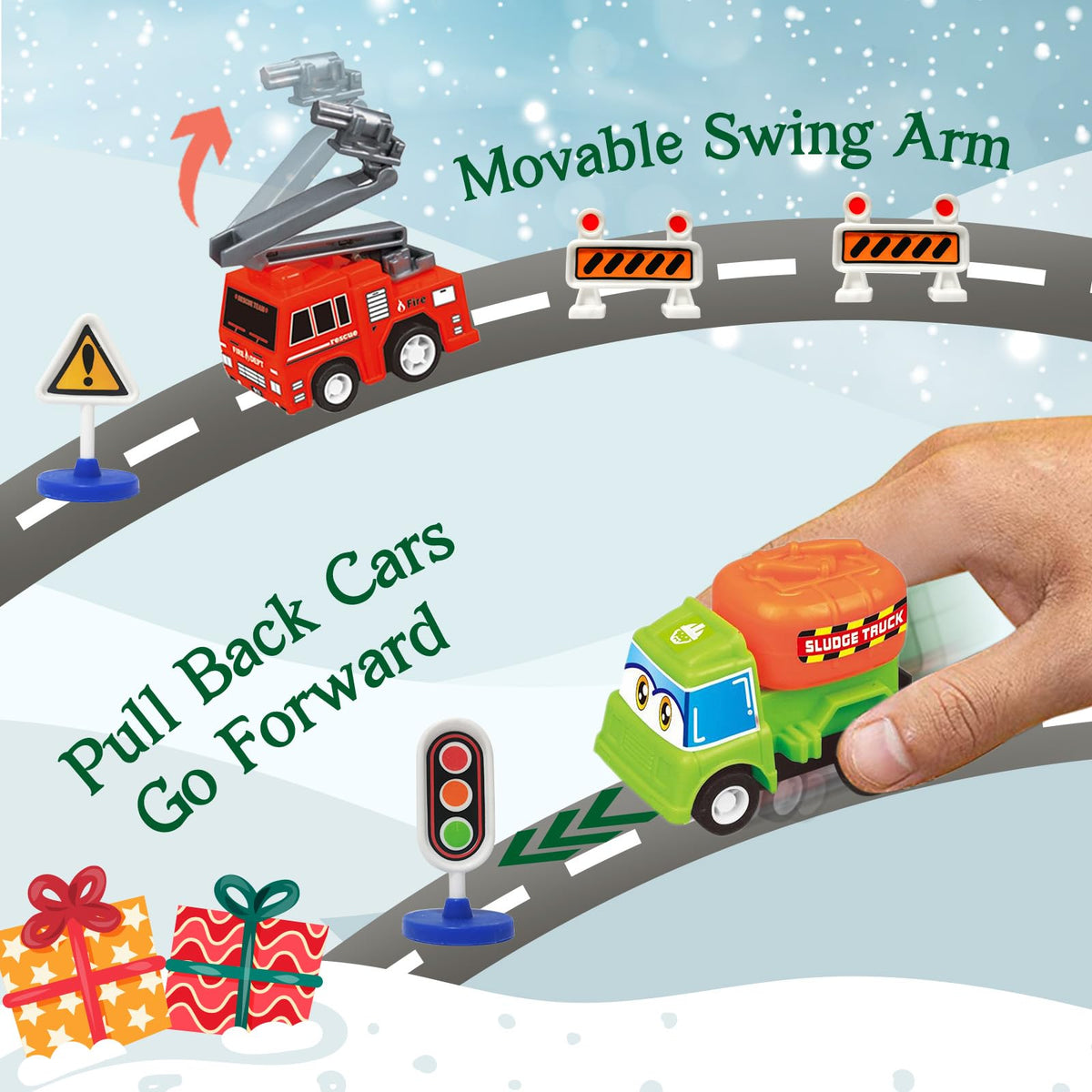 Holiday Window Box With 21 Pull Back Cars, Trucks and Planes and 3 Road Sign Sets for Floor Play