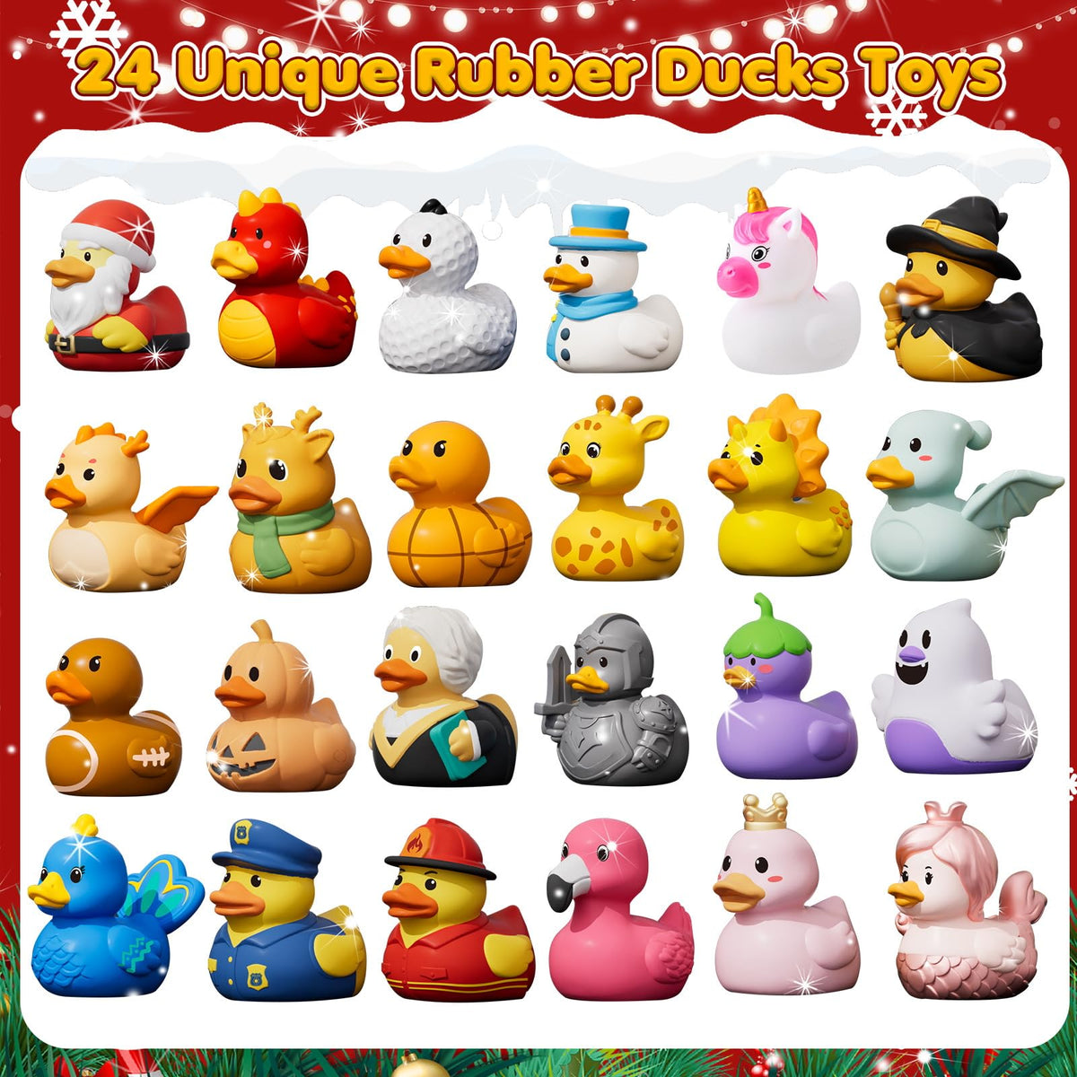 Holiday Calendar Box of 24 Costume Rubber Ducks for Ages 3 to 8 with a Numbered Door for Each Day