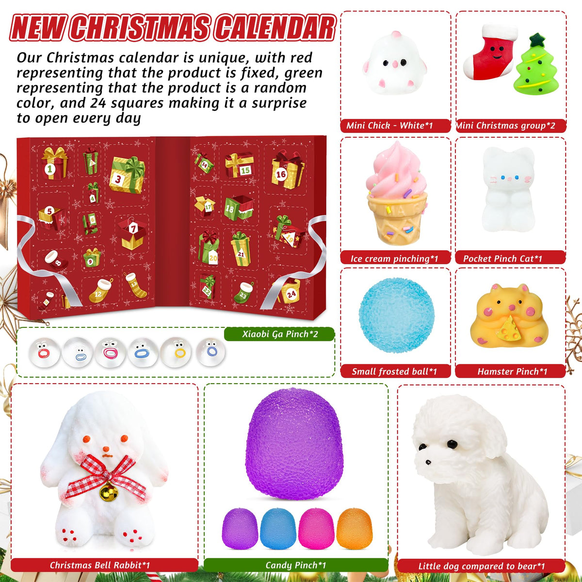 Christmas Calendar Holding 24 Different Squishies Including a Clear Cat Paw, Bunnies, Bears and a Strawberry