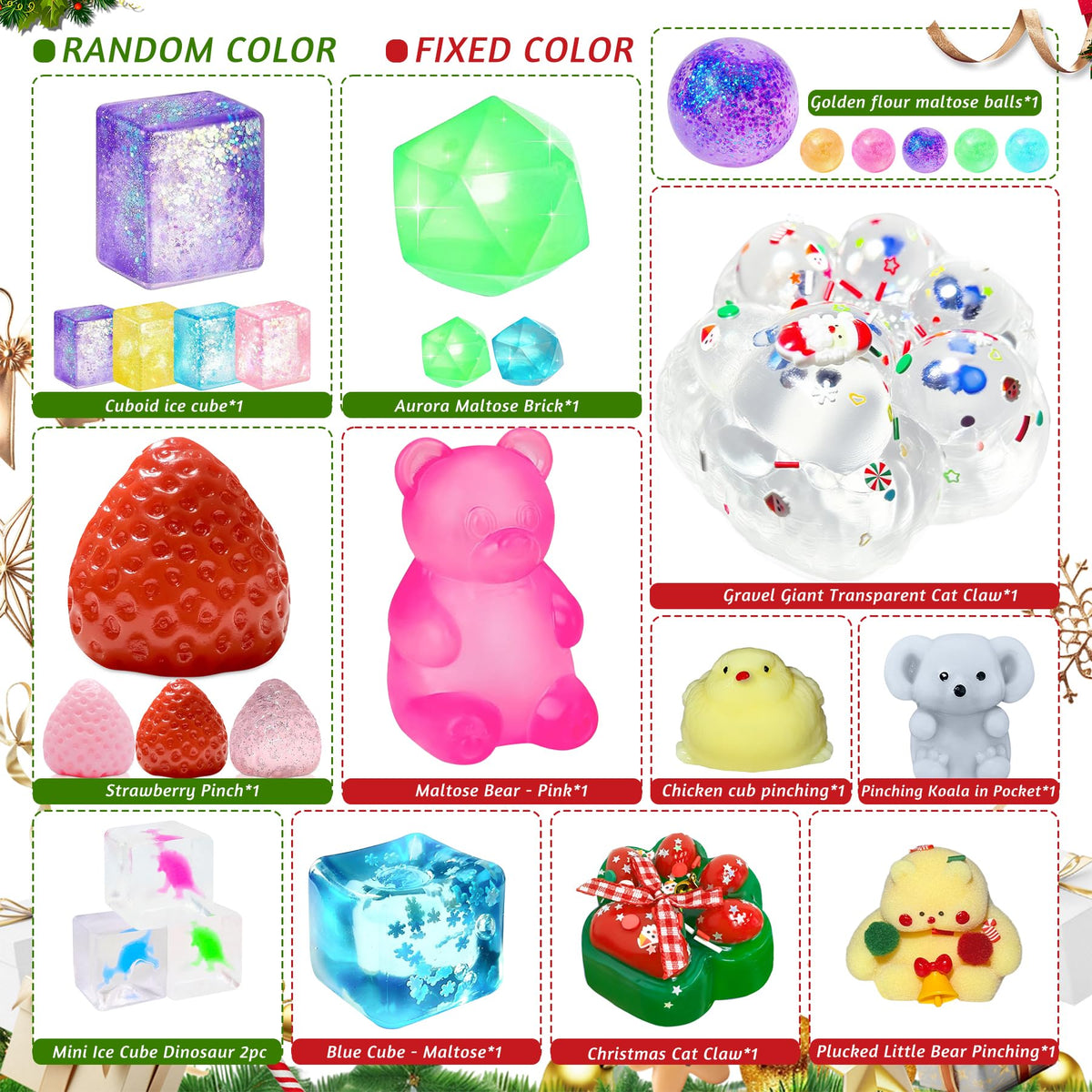 Christmas Calendar Holding 24 Different Squishies Including a Clear Cat Paw, Bunnies, Bears and a Strawberry