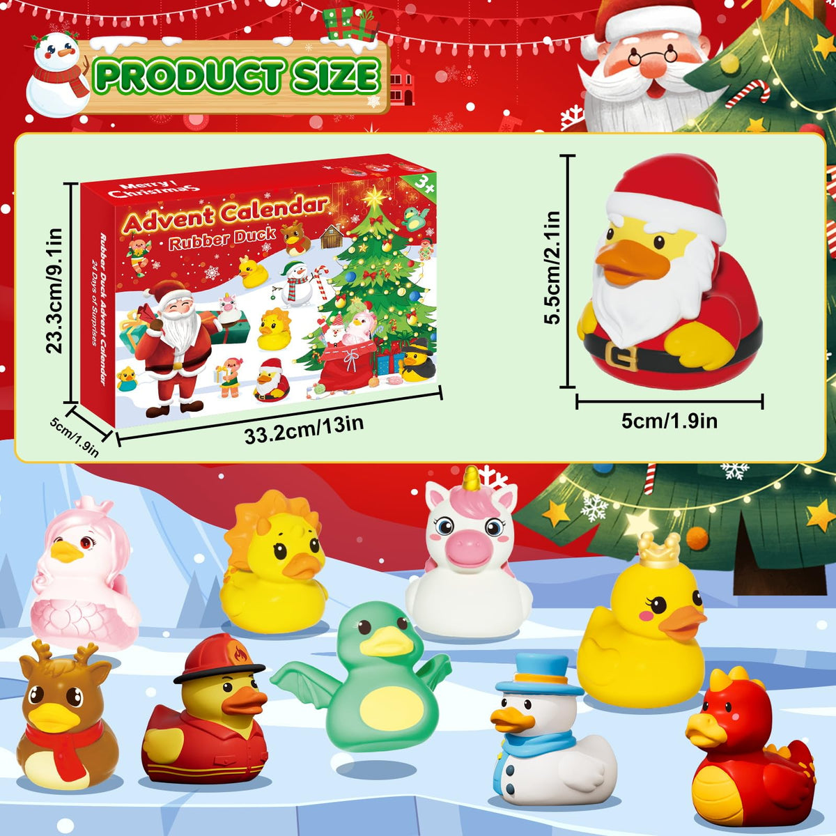 Holiday Calendar Box of 24 Costume Rubber Ducks for Ages 3 to 8 with a Numbered Door for Each Day