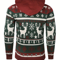 Christmas Hooded Sweater with Reindeer, Snowflake and Star Patterns and Drawstring Hood