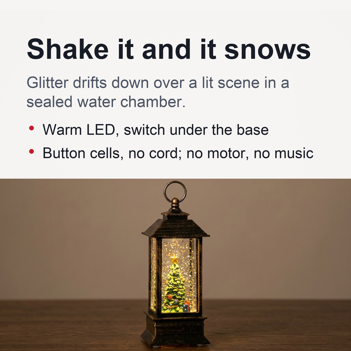 Mini Snow Globe Lantern with Warm LED and Hanging Ring in Christmas Tree Snowman Or Santa Styles