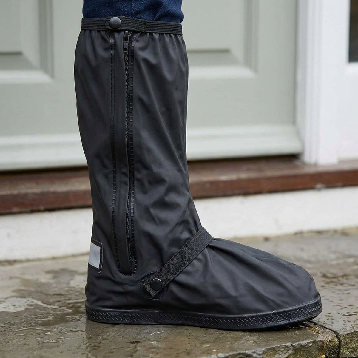 Calf High Rain Boot Covers with Side Zip and Reflective Panel in Four Sizes for Wet Weather