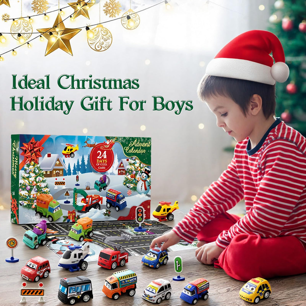 Holiday Window Box With 21 Pull Back Cars, Trucks and Planes and 3 Road Sign Sets for Floor Play