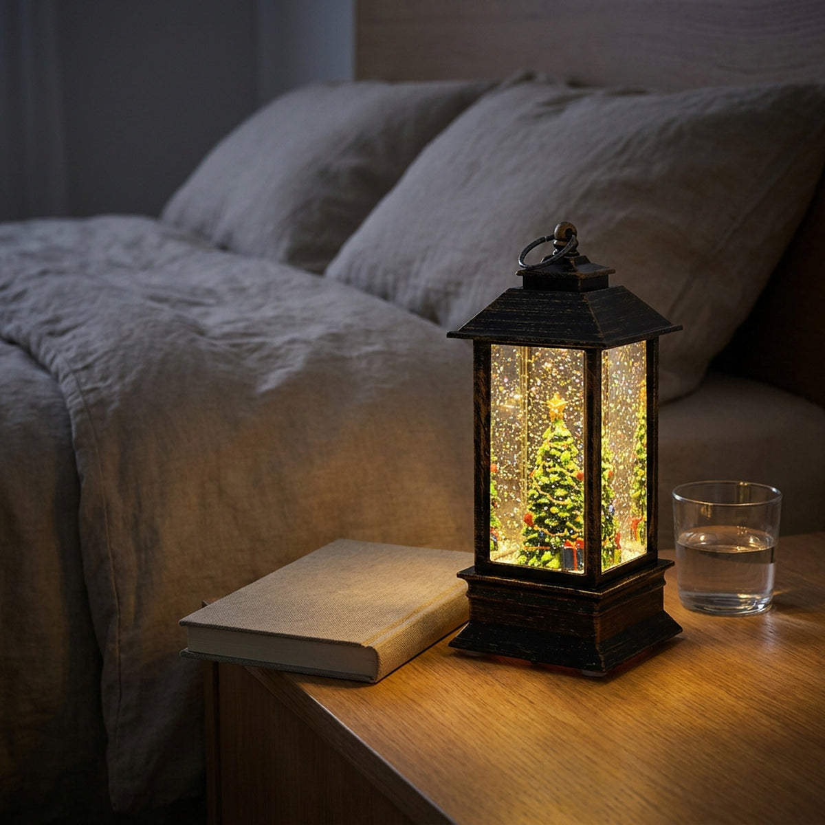 Mini Snow Globe Lantern with Warm LED and Hanging Ring in Christmas Tree Snowman Or Santa Styles
