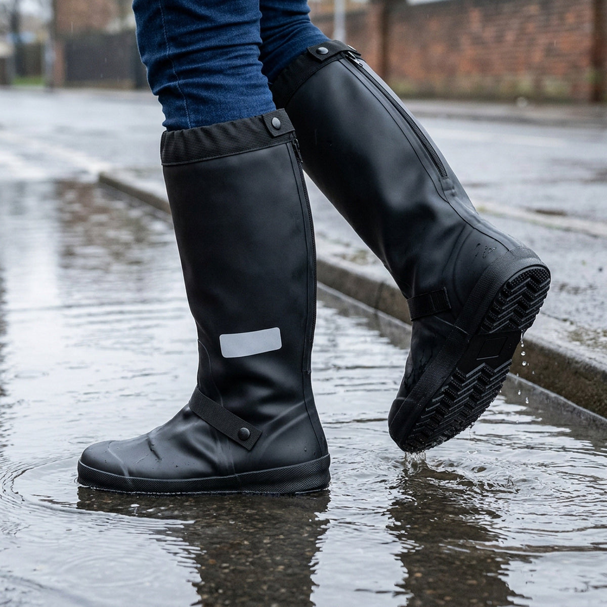 Calf High Rain Boot Covers with Side Zip and Reflective Panel in Four Sizes for Wet Weather