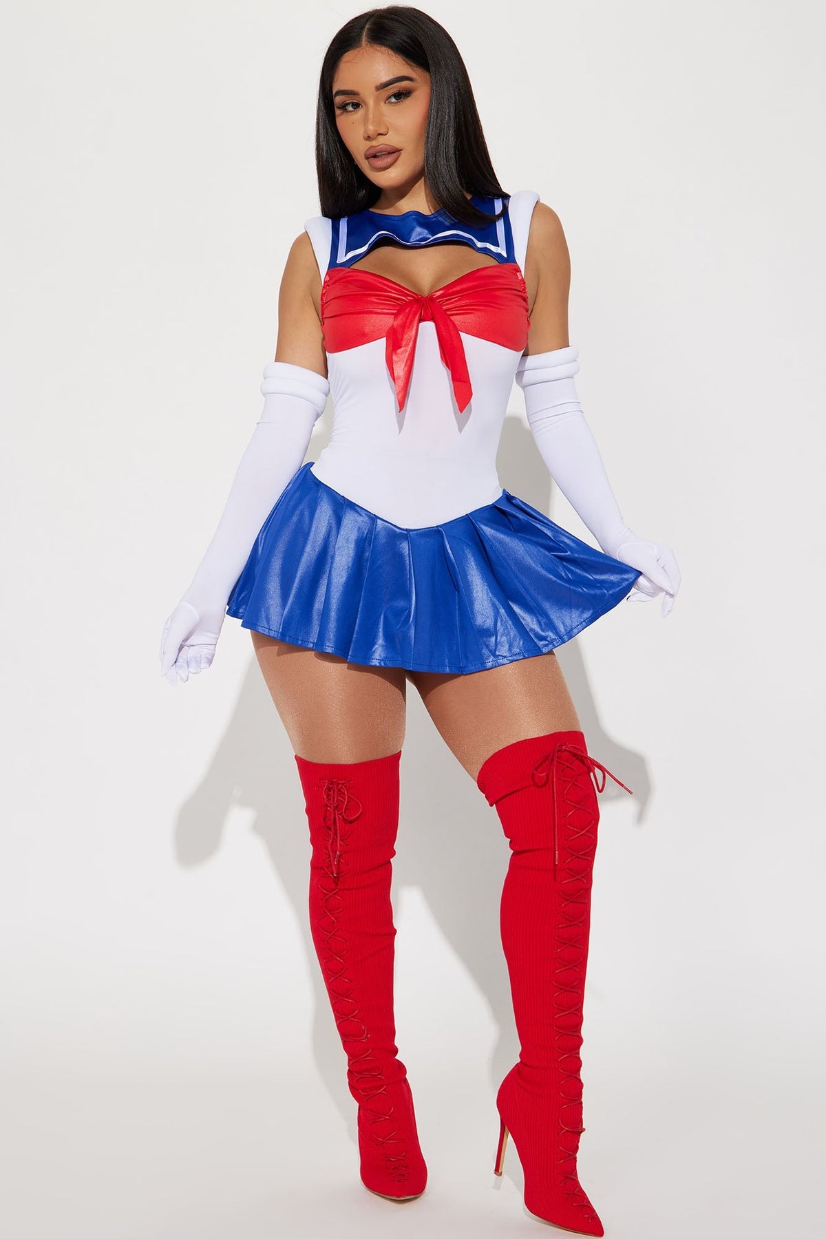 Sailor School Girl Halloween Costume for Women with Bow Bodysuit Pleated Skirt and Gloves