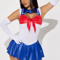 Sailor School Girl Halloween Costume for Women with Bow Bodysuit Pleated Skirt and Gloves