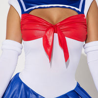 Sailor School Girl Halloween Costume for Women with Bow Bodysuit Pleated Skirt and Gloves