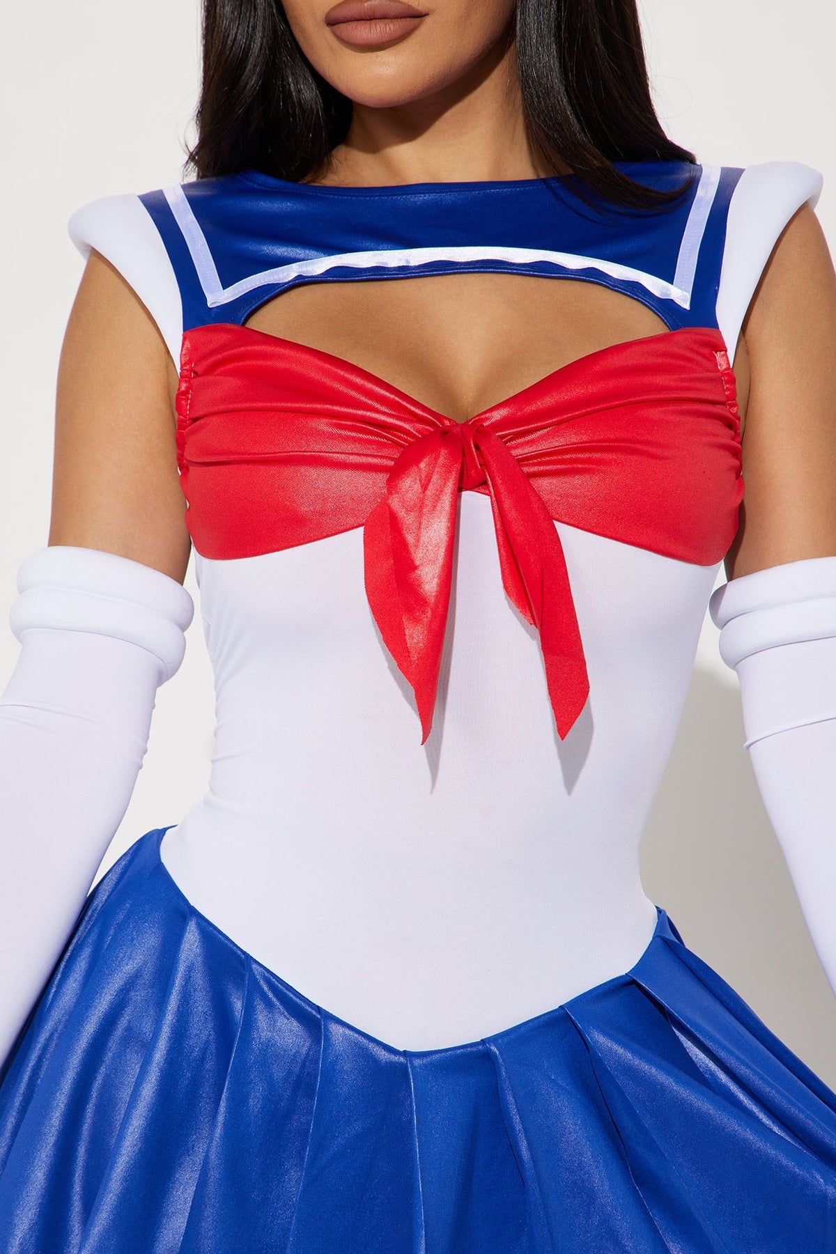Sailor School Girl Halloween Costume for Women with Bow Bodysuit Pleated Skirt and Gloves