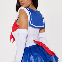 Sailor School Girl Halloween Costume for Women with Bow Bodysuit Pleated Skirt and Gloves