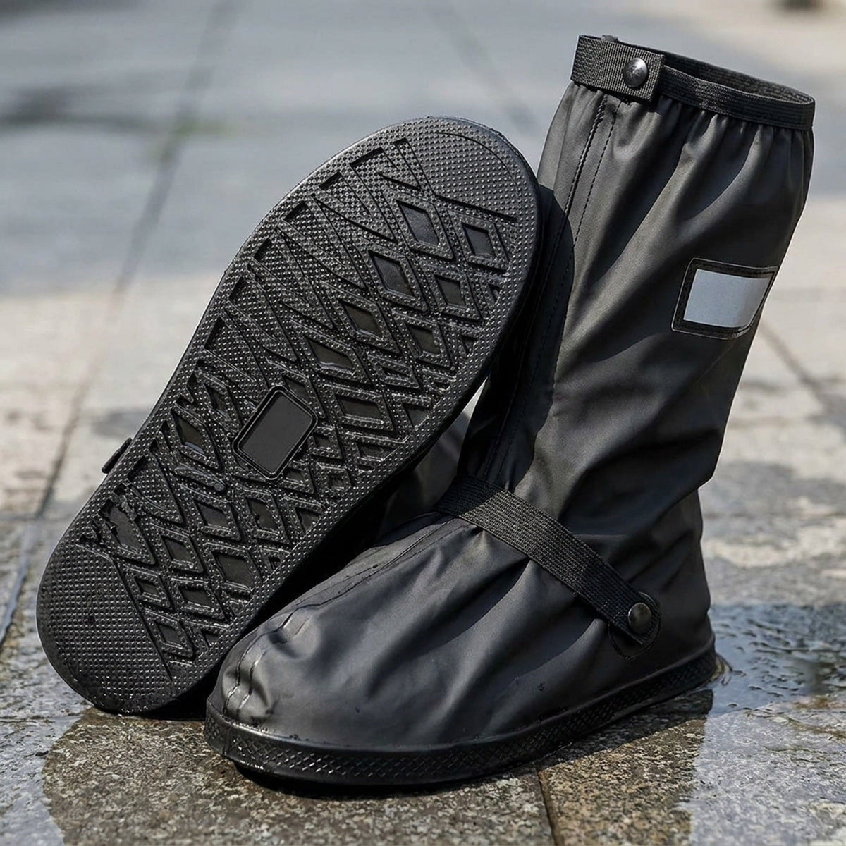 Calf High Rain Boot Covers with Side Zip and Reflective Panel in Four Sizes for Wet Weather
