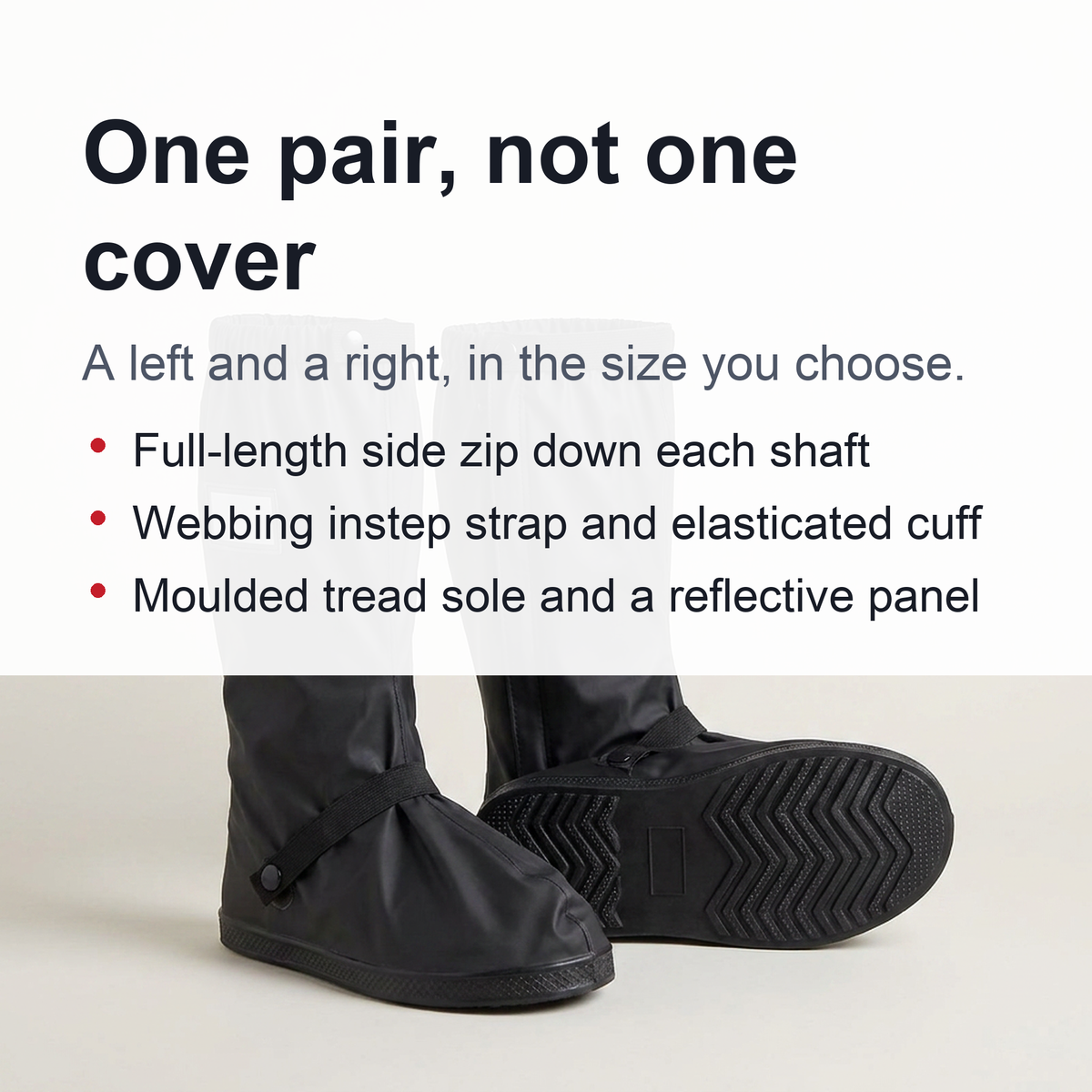 Calf High Rain Boot Covers with Side Zip and Reflective Panel in Four Sizes for Wet Weather