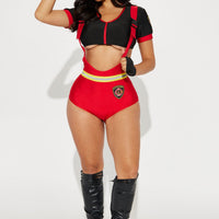 Firefighter Overalls Costume for Women with Zip Crop Top Hat and Fingerless Gloves in Black and Red