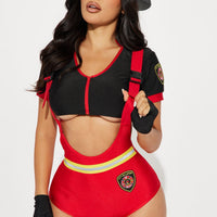 Firefighter Overalls Costume for Women with Zip Crop Top Hat and Fingerless Gloves in Black and Red