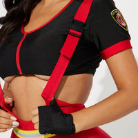 Firefighter Overalls Costume for Women with Zip Crop Top Hat and Fingerless Gloves in Black and Red