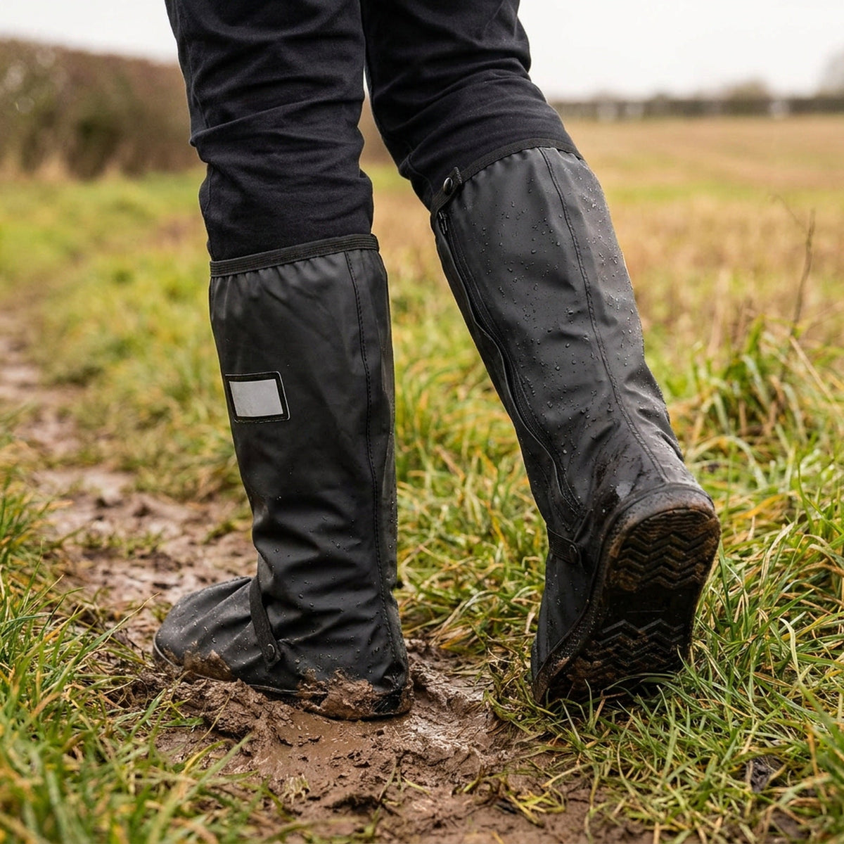 Calf High Rain Boot Covers with Side Zip and Reflective Panel in Four Sizes for Wet Weather