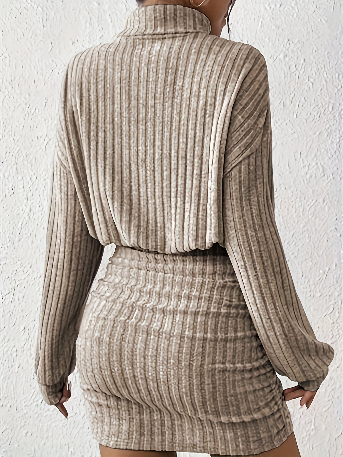 Knee Length Bodycon Dress with Ruched Waist and Long Sleeves